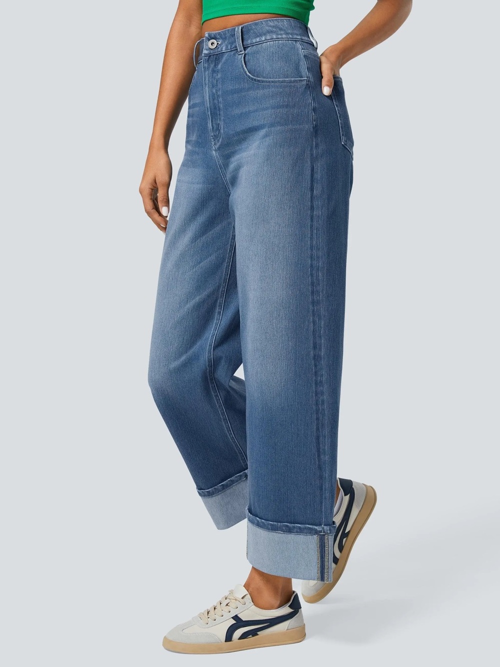 Halara Flex™ High Waisted Rolled Hem Wide Leg Washed Stretchy Knit Casual Jean